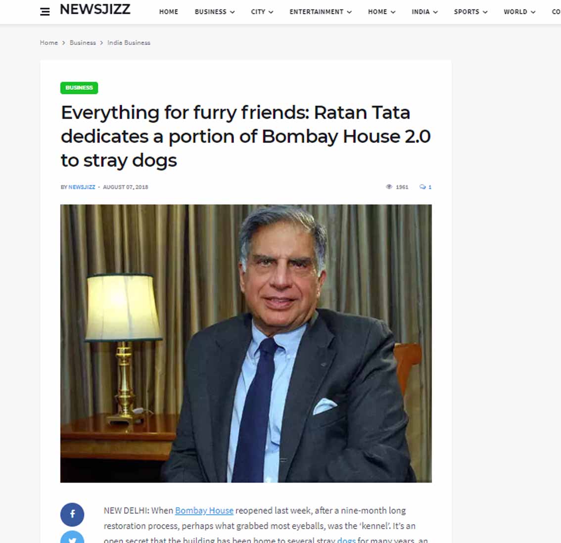 Everything for Furry Friends: Tata Dedicated a portion of Bombay House 2.0 to stray dogs , Newsjizz - August 2018